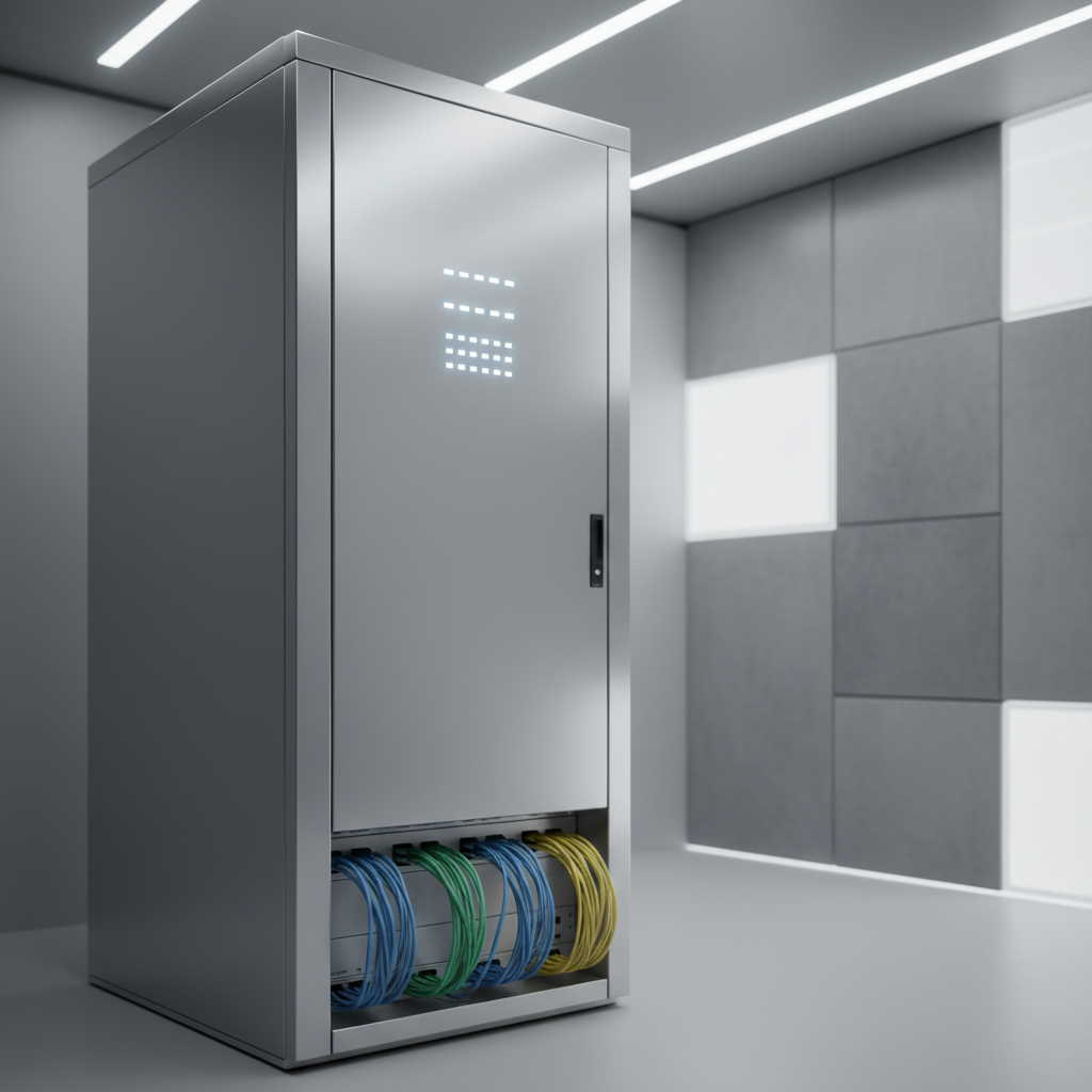 A smooth, brushed stainless-steel server rack with fine, minimalist indicator lights and carefully routed fiber optic cables, positioned in a pristine, modern tech suite. The muted silvery-gray palette is balanced by soft, indirect LED lighting which creates subtle gradients across the clean surfaces, accentuating the refined edges without harshness. The background features blurred geometric wall panels in understated tones, reinforcing the high-tech environment. Captured at eye-level with sharp focus throughout, the scene conveys innovation and technical reliability. The overall mood is serene competence, leaning into photographic realism with minimal distractions, underscoring the firm's innovative technology solutions.