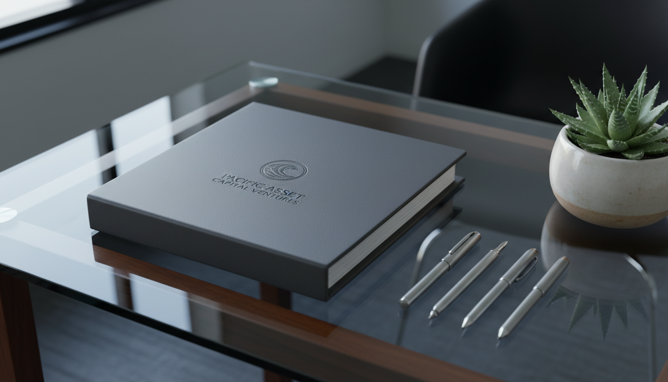 An elegant, matte charcoal-gray investment portfolio binder made of premium textured leather, featuring a subtle embossed logo of Pacific Asset Capital Ventures. The binder rests atop a minimalist glass-topped executive desk, accompanied by a few precisely arranged silver writing instruments and a refined, muted ceramic planter containing a green succulent. Cool diffused daylight streams in from an unseen window, casting gentle, elongated shadows and soft highlights across the scene. The mood is composed and authoritative, evoking trust and meticulous professionalism. Captured from a slightly elevated angle with a shallow depth of field, the image emphasizes the tactile details of the binder and desk. The style is photographic realism with a sophisticated minimalist aesthetic, supporting the firm’s commitment to disciplined capital management.